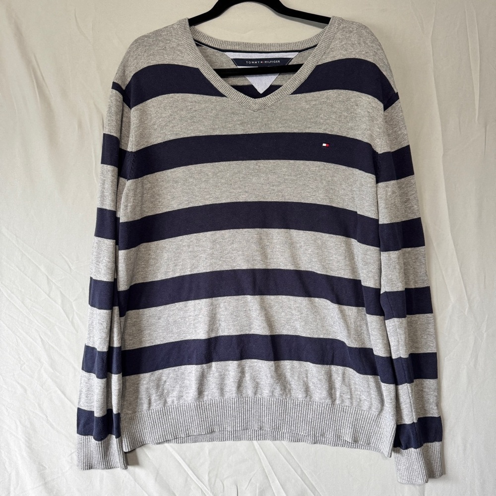 Tommy Hilfigier Mens Striped Vneck Sweater Size XL Cotton Preppy Academia